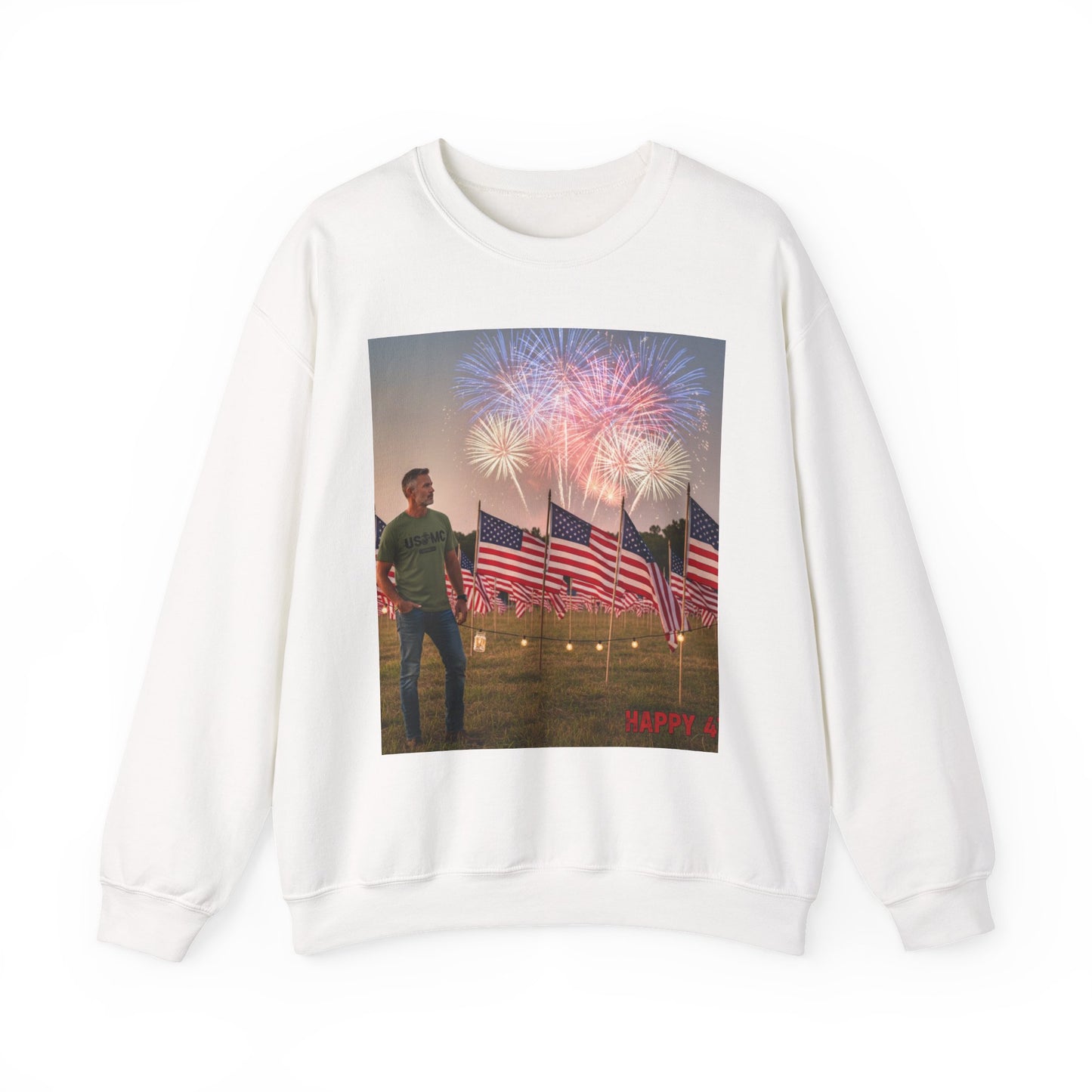 Patriotic Fireworks Crewneck Sweatshirt — American Flags & Fireworks Design