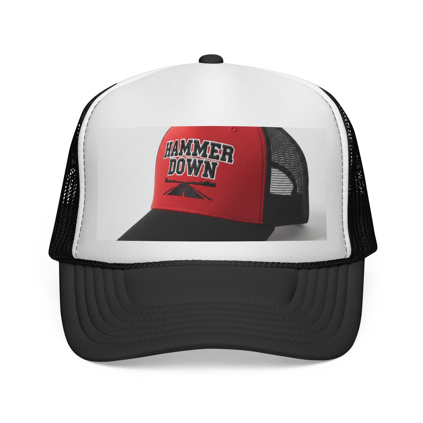 Hammer Down Trucker Cap — Retro Red Mesh Hat for Road & Work
