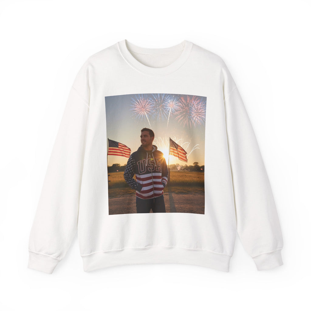 Patriotic Crewneck Sweatshirt – American Flag Fireworks Photo Design