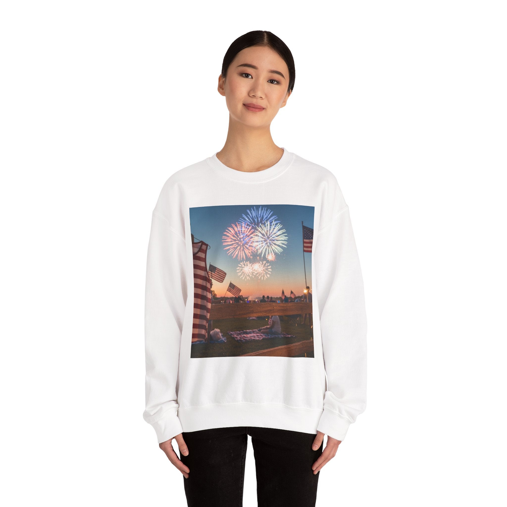 Fireworks & Flags Crewneck Sweatshirt — Patriotic Fourth of July Celebration Tee