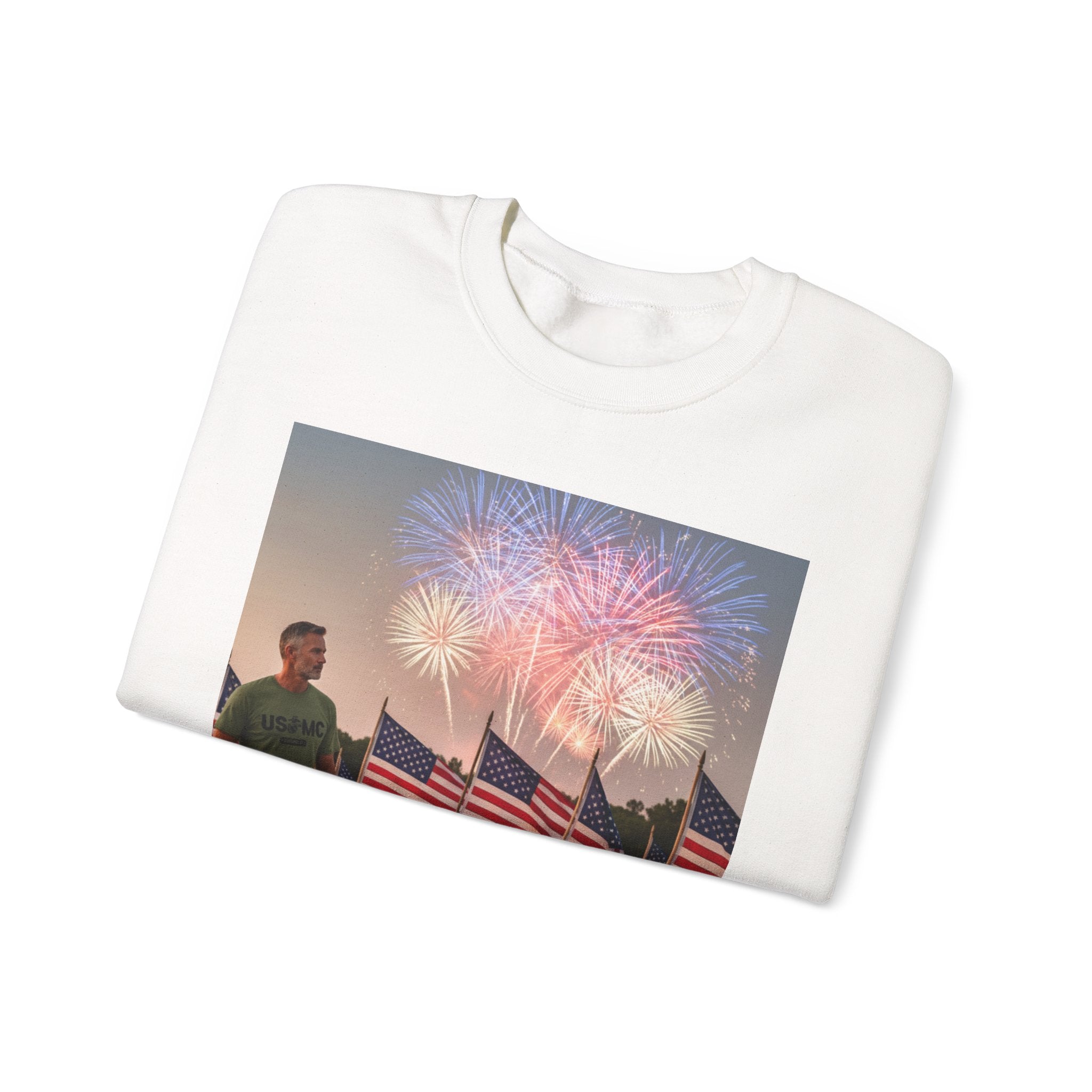 Patriotic Fireworks Crewneck Sweatshirt — American Flags & Fireworks Design