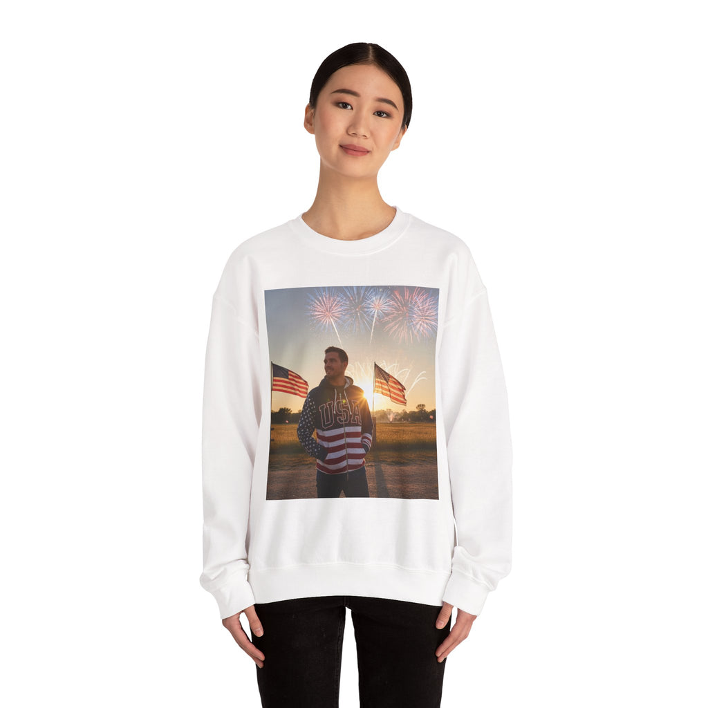 Patriotic Crewneck Sweatshirt – American Flag Fireworks Photo Design