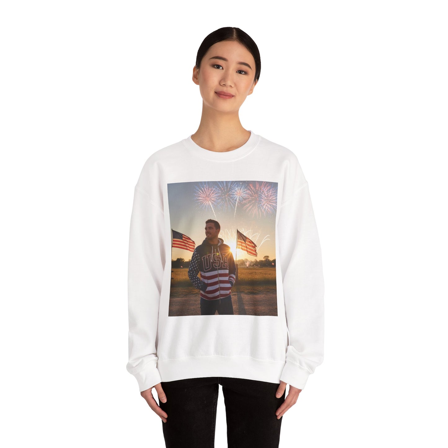 Patriotic Crewneck Sweatshirt – American Flag Fireworks Photo Design