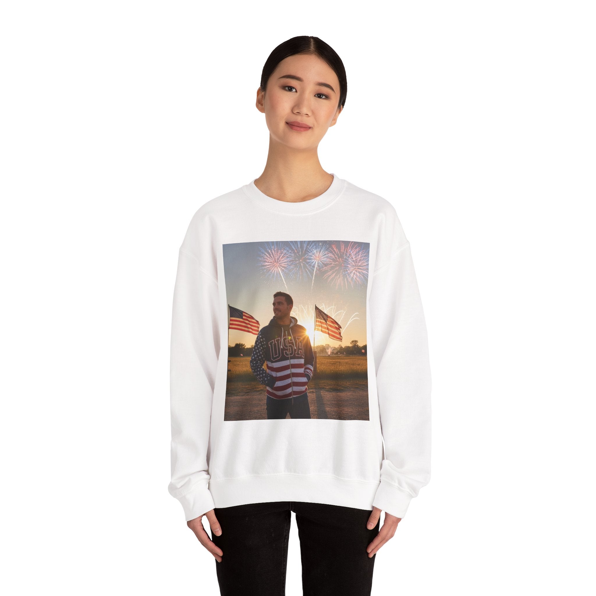 Patriotic Crewneck Sweatshirt – American Flag Fireworks Photo Design