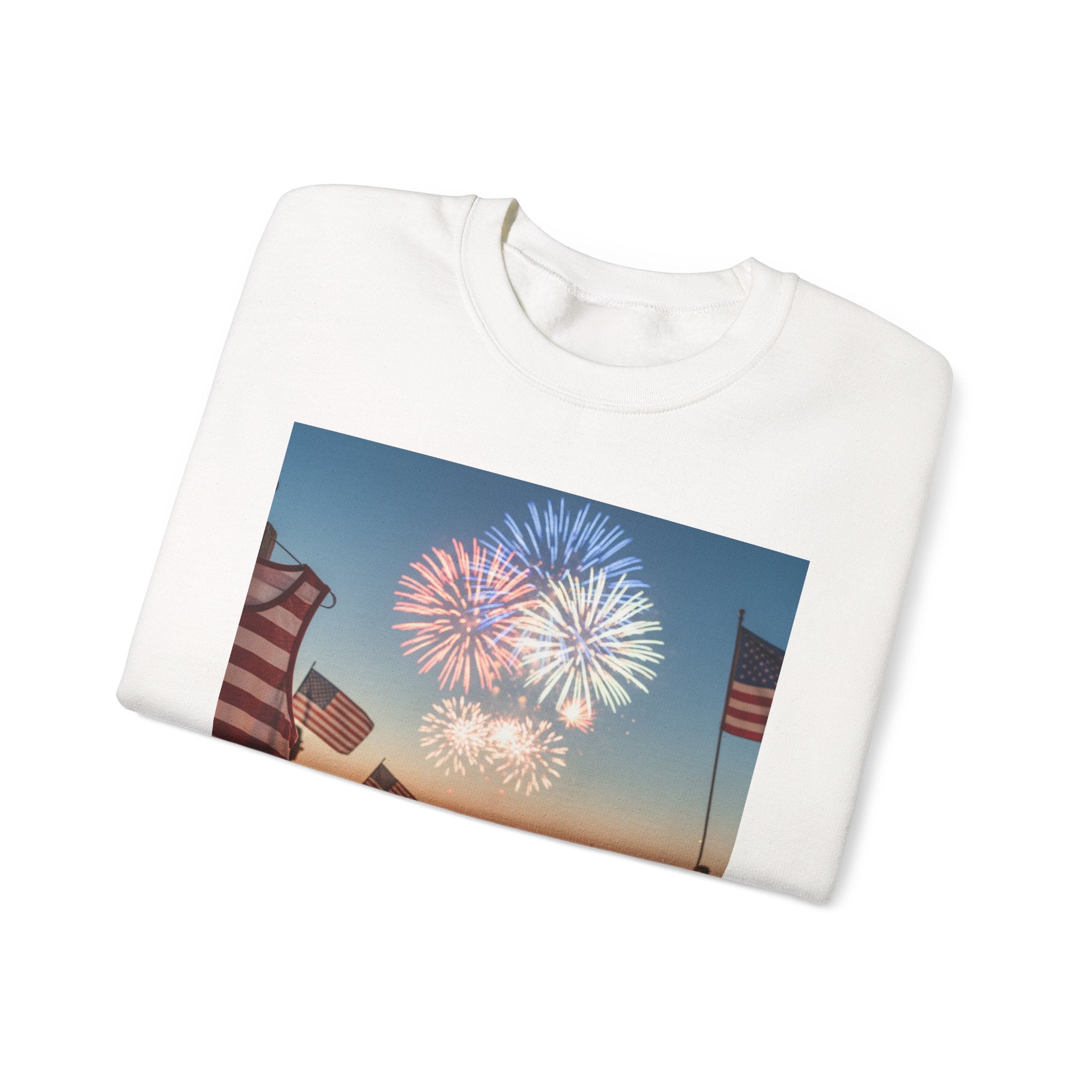 Fireworks & Flags Crewneck Sweatshirt — Patriotic Fourth of July Celebration Tee