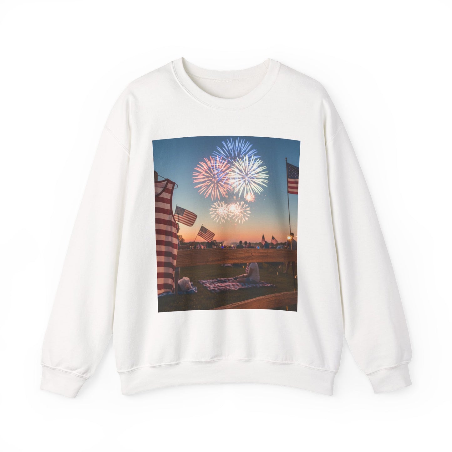 Fireworks & Flags Crewneck Sweatshirt — Patriotic Fourth of July Celebration Tee