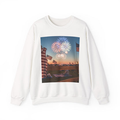 Fireworks & Flags Crewneck Sweatshirt — Patriotic Fourth of July Celebration Tee