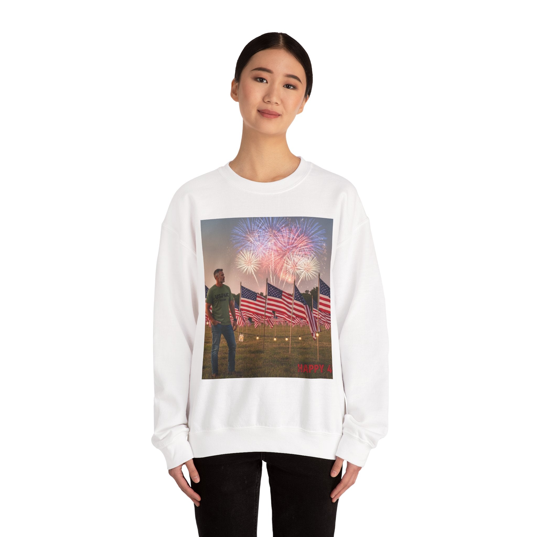 Patriotic Fireworks Crewneck Sweatshirt — American Flags & Fireworks Design